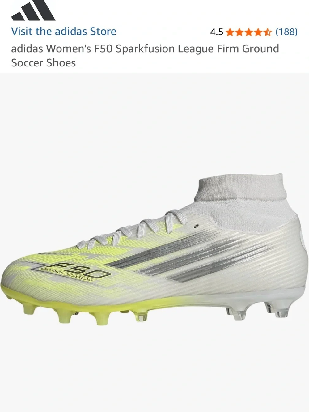 adidas Women's F50 Sparkfusion Firm Ground Soccer Shoes - White/Neon Yellow